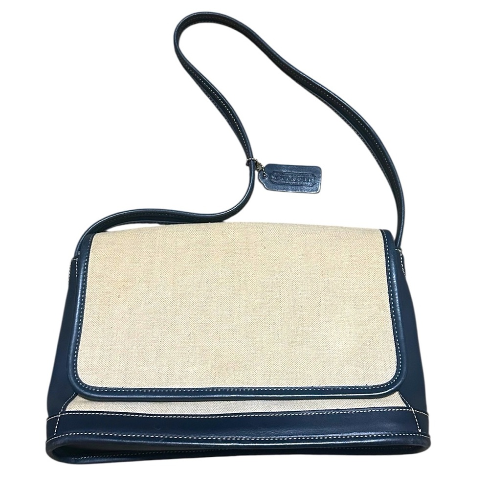 Vintage 90’s Coach Bleeker Flap Handbag Deep Navy Blue Leather & Wheat Canvas - Picture 3 of 16